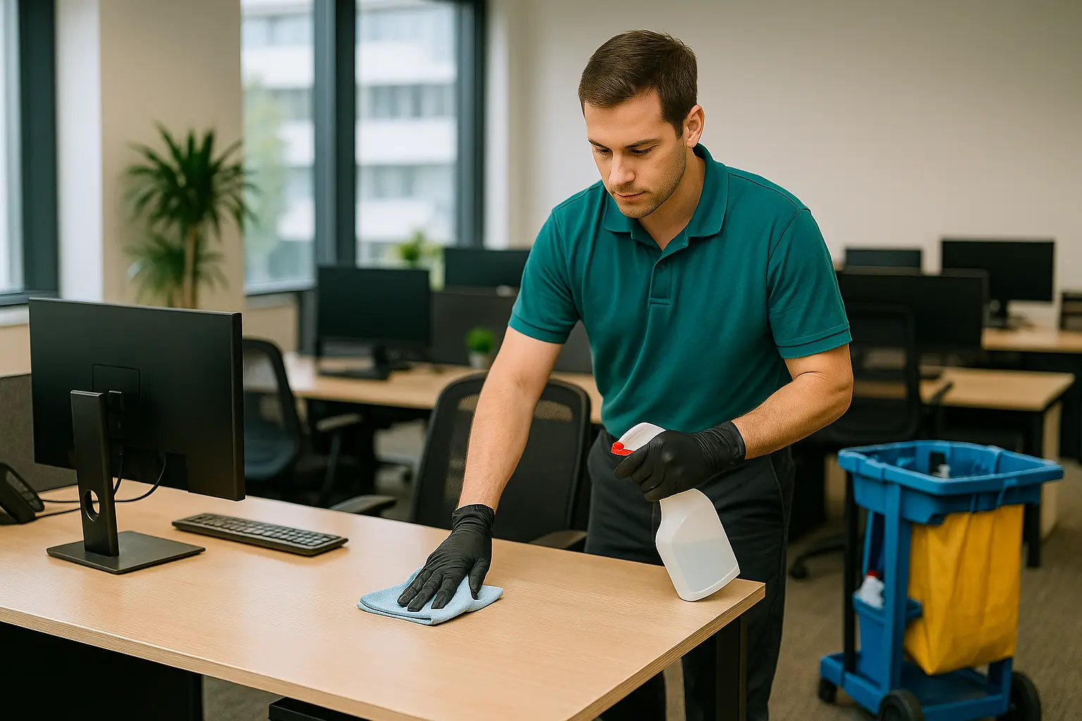 Nettoyage de bureaux professionnels à Saint-Malo avec chiffon microfibre et spray désinfectant